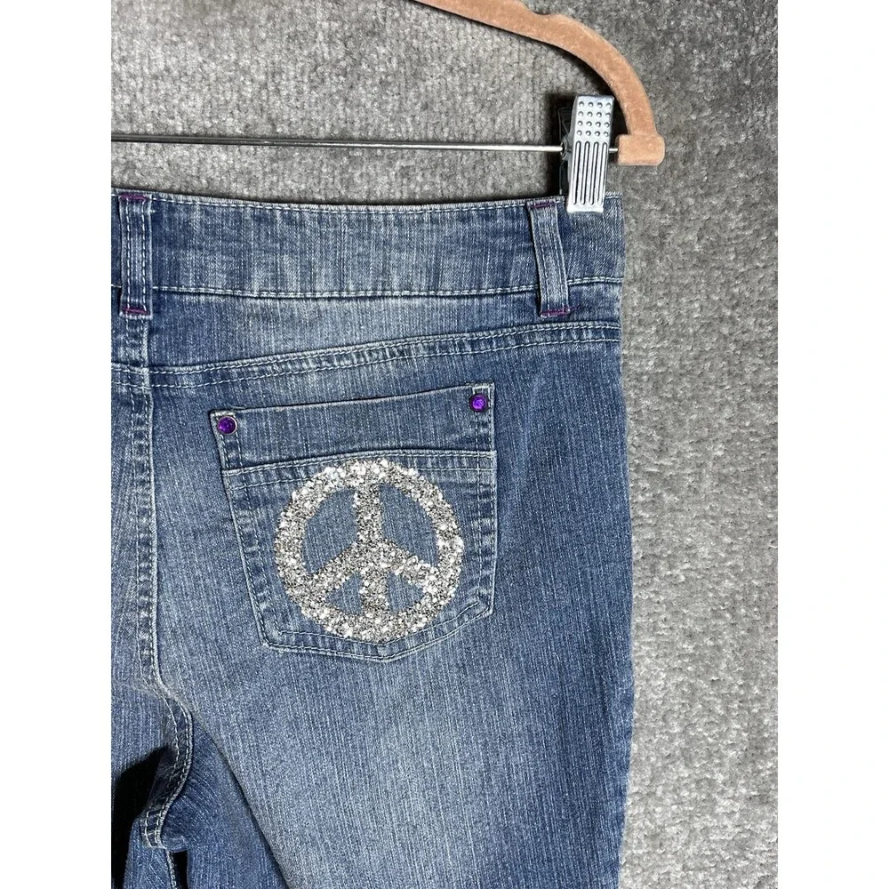 JOLT Jeans Girls‎ Size 16 Blue Bootcut BLING Beads Rhinestone PEACE Sign Pockets